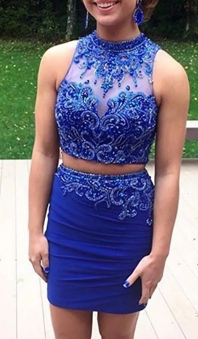 2 Pieces Mermaid Short Sweet 16 Royal Blue Open Back Prom Dresses