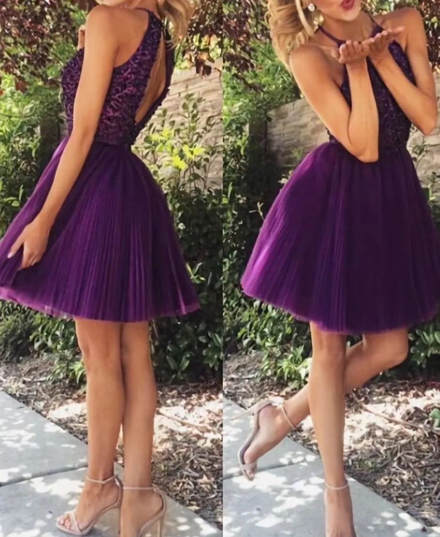 2025 New Arrival Open Back Purple Tulle Short High Neck Halter Bodice Grape Mini Prom Dresses