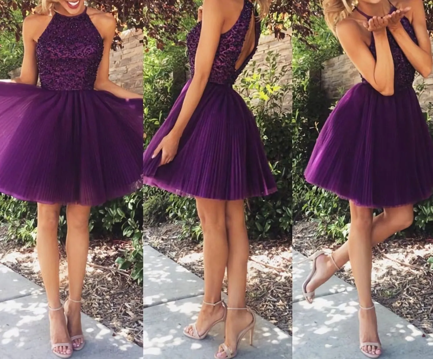 2025 New Arrival Open Back Purple Tulle Short High Neck Halter Bodice Grape Mini Prom Dresses