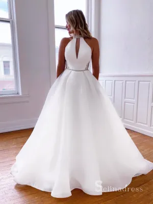 A-line High Neck White Beaded Long Prom Dresses Rustic Wedding Dress CBD474