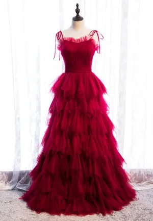 A-Line Long Spaghetti Strap Red Prom Dresses,Black Layers Tulle Evening Dress