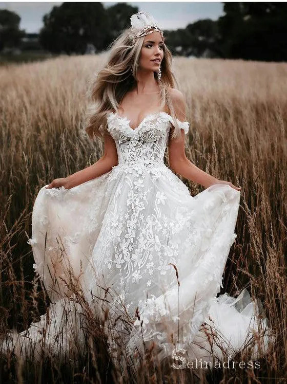 A-line Off-the-shoulder 3D Lace Wedding Dresses Rustic Wedding Gowns MHL138