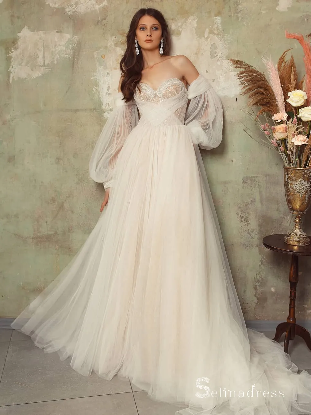 A-line Off-the-shoulder Long Sleeve Rustic Wedding Dresses Ivory Bridal Gowns MHL150