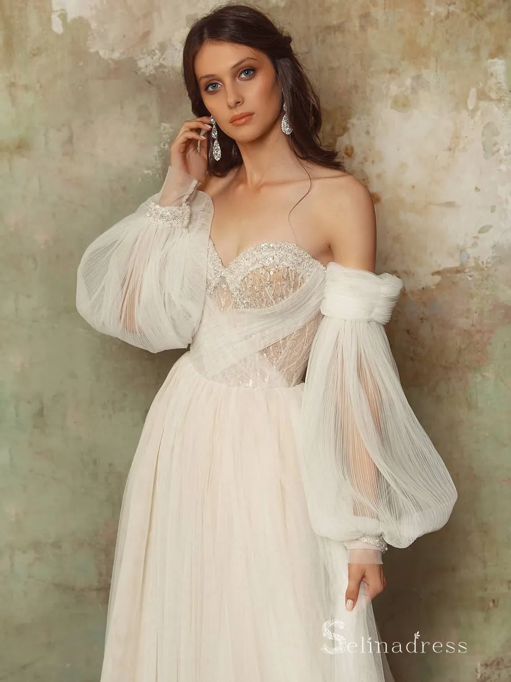 A-line Off-the-shoulder Long Sleeve Rustic Wedding Dresses Ivory Bridal Gowns MHL150