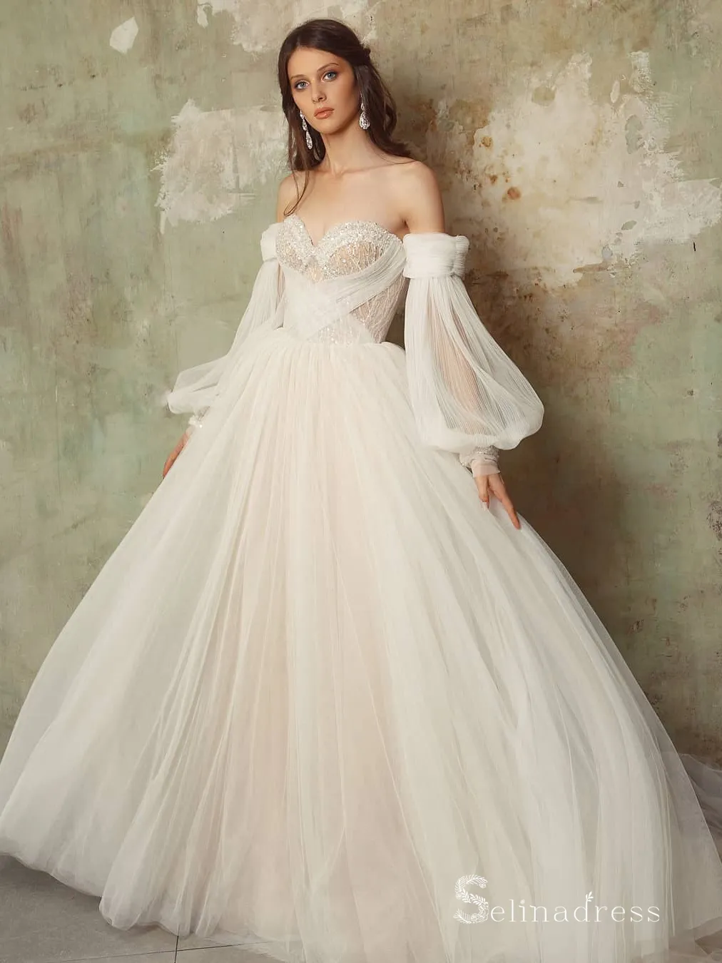 A-line Off-the-shoulder Long Sleeve Rustic Wedding Dresses Ivory Bridal Gowns MHL150