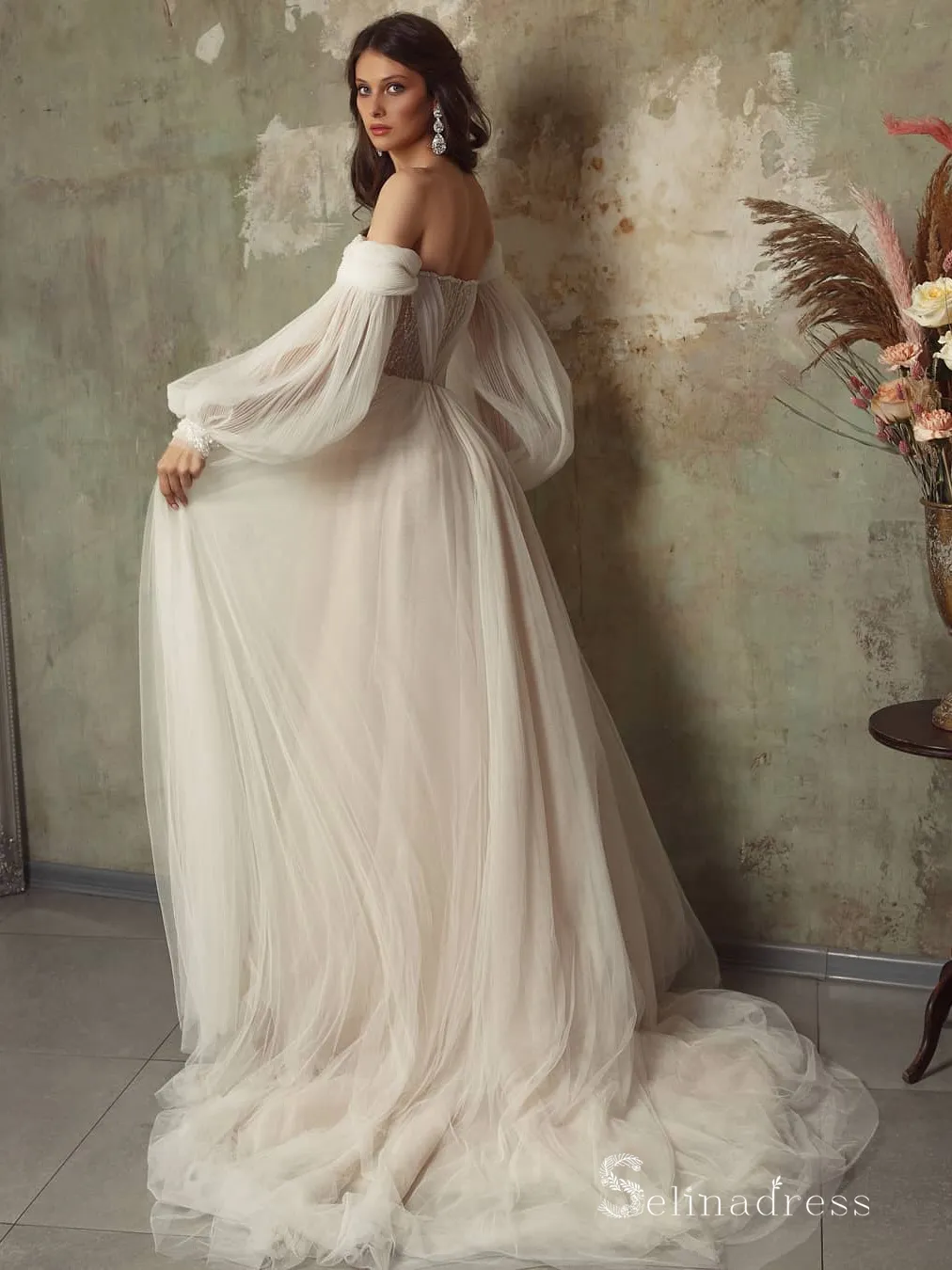 A-line Off-the-shoulder Long Sleeve Rustic Wedding Dresses Ivory Bridal Gowns MHL150