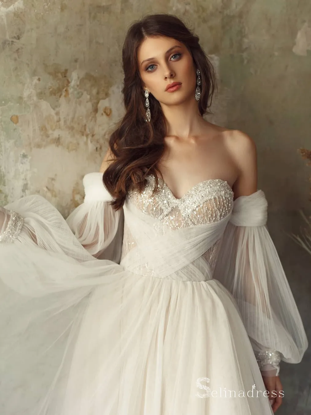 A-line Off-the-shoulder Long Sleeve Rustic Wedding Dresses Ivory Bridal Gowns MHL150