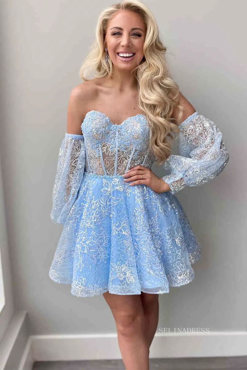 A-line Off-the-shoulder Sparkly Cute Homecoming Dress Short Prom Dresses eds1018