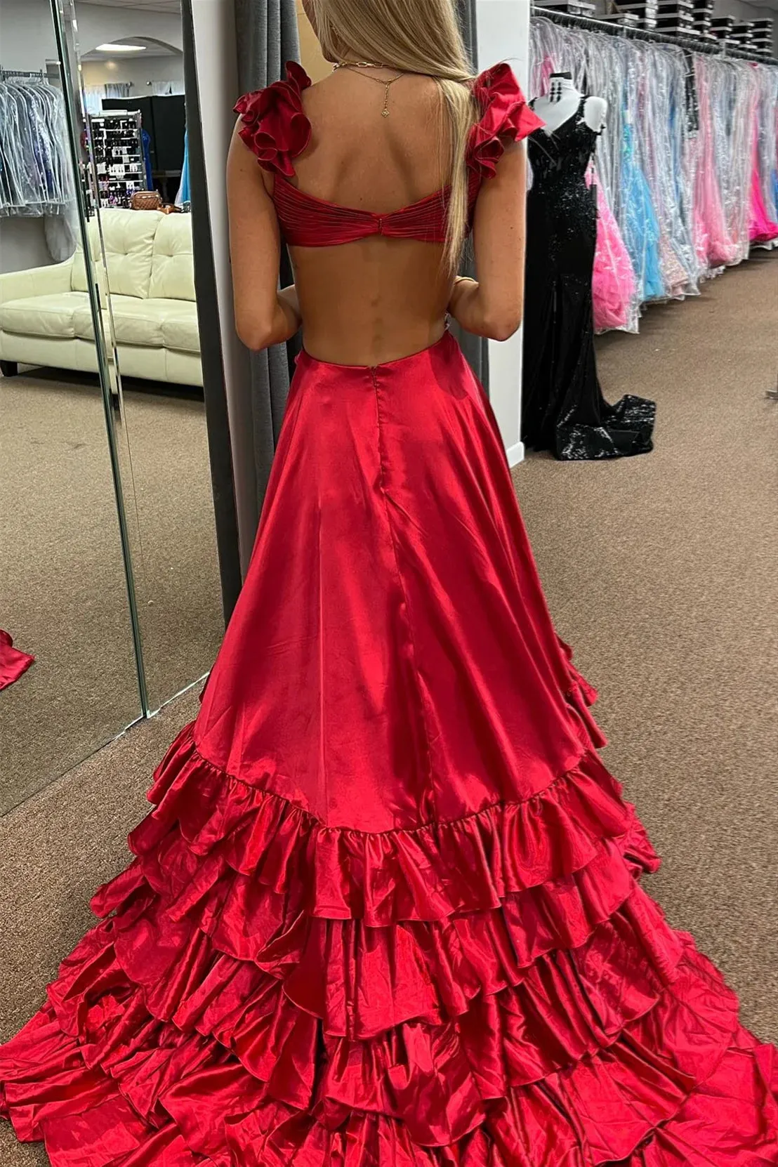 A-line Red Ruffled Crossed Top Hi-Low Layers Long Prom Dress lpk155