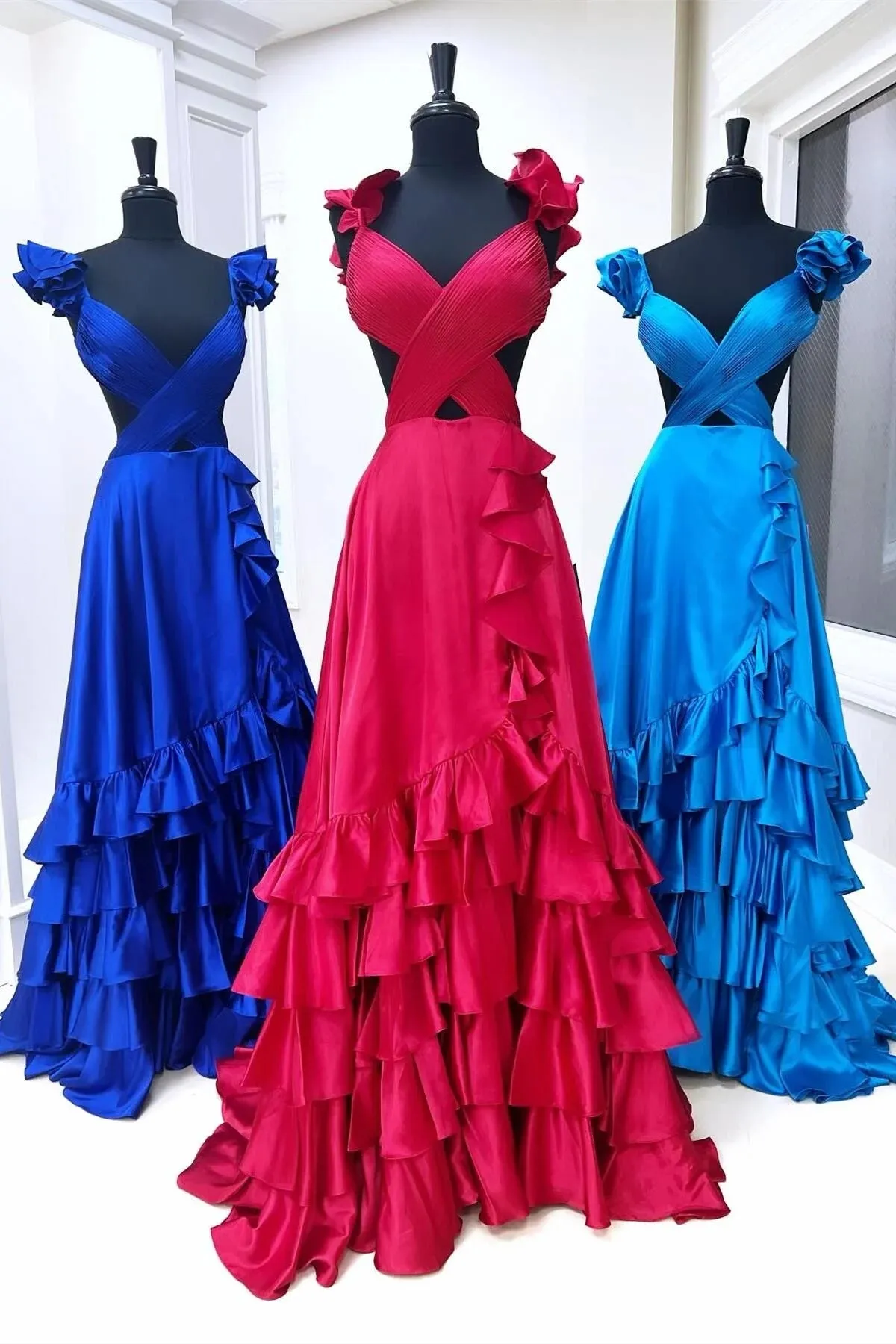 A-line Red Ruffled Crossed Top Hi-Low Layers Long Prom Dress lpk155