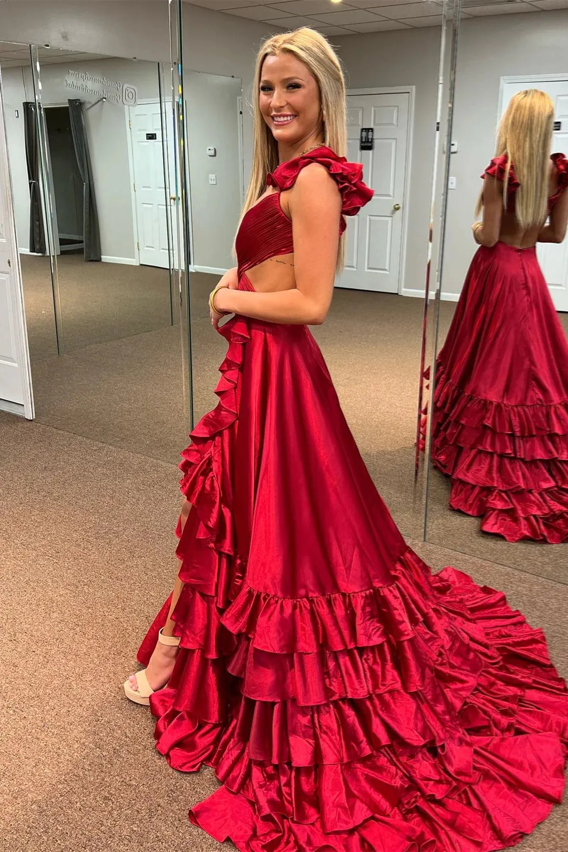 A-line Red Ruffled Crossed Top Hi-Low Layers Long Prom Dress lpk155