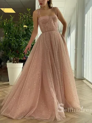 A-line Spaghetti Straps Pink Long Prom Dress Sparkly Evening Dresses HLK012