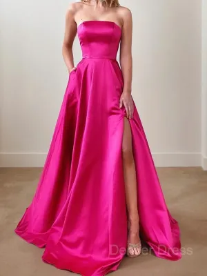 A-Line Strapless Sweep Train Satin Prom Dresses With Leg Slit