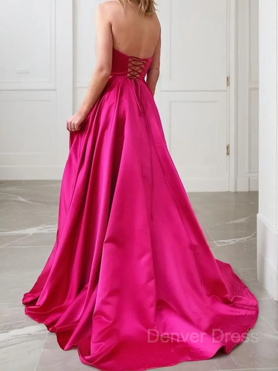 A-Line Strapless Sweep Train Satin Prom Dresses With Leg Slit