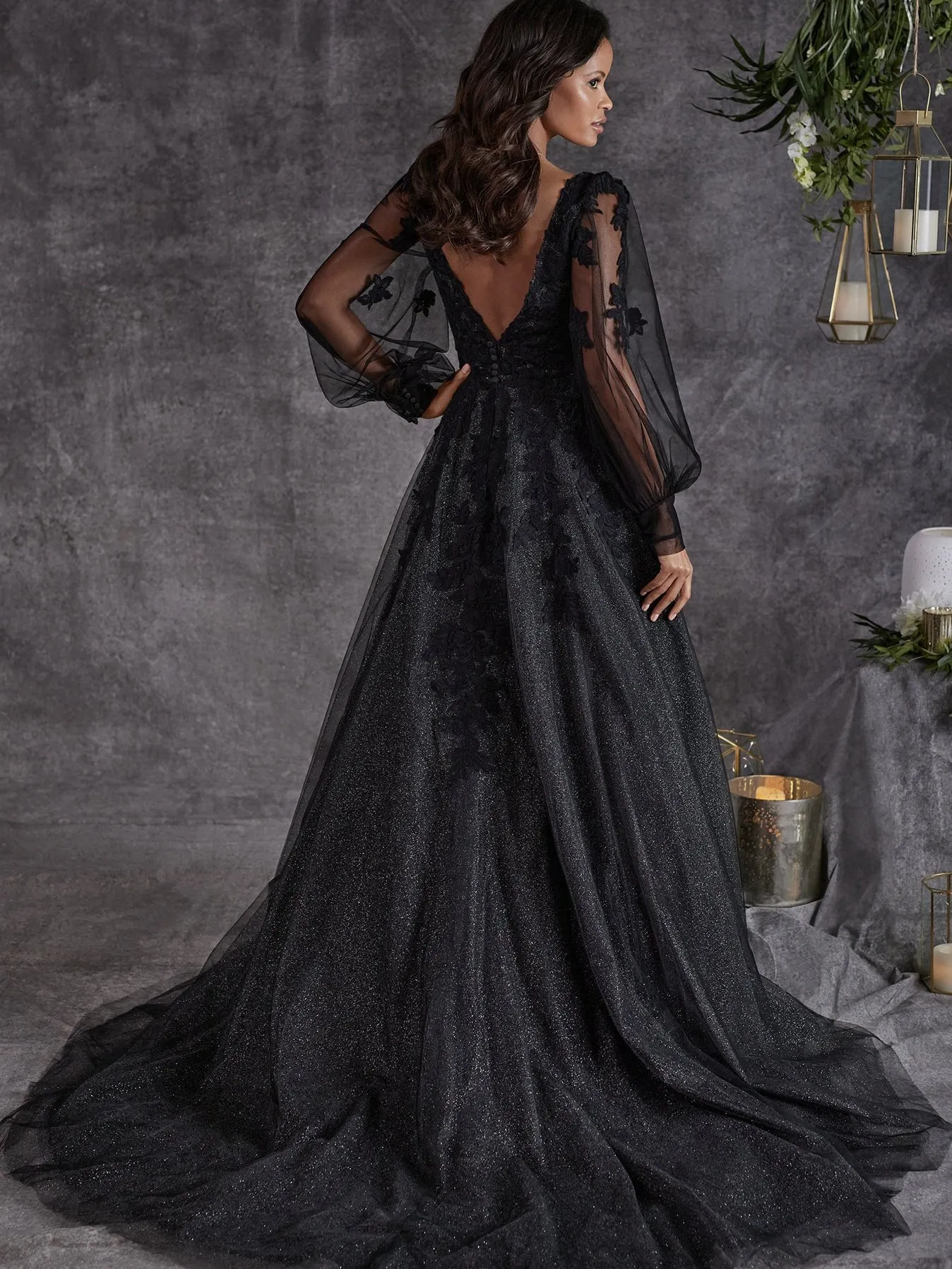 A-line V neck Black Prom Dress Long Sleeve Lace Applique Tulle Evening Gowns #POL025