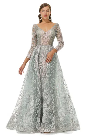 A-line V-neck Floor-length Long Sleeve Open Back Appliques Lace Prom Dresses