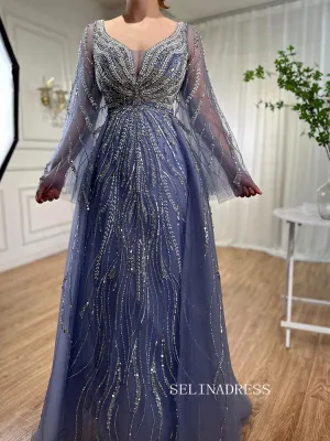 A-line V neck Long Sleeve Beaded Prom Dresses Unique Evening Gowns LA72099