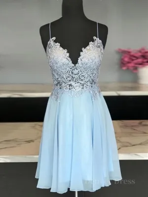 A Line V Neck Short Blue Lace Prom Dresses Short Blue Lace Formal Homecoming Dresses