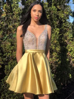 A Line V Neck Short Yellow Beaded Prom Dresses, Short Yellow Beaded Formal Homecoming Dresses