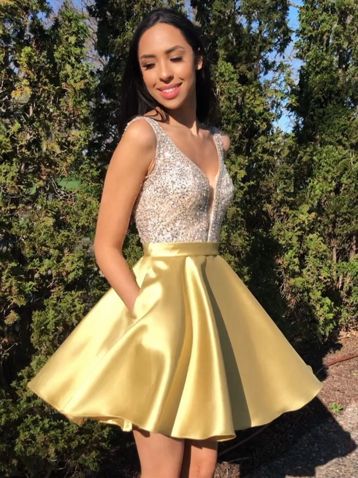 A Line V Neck Short Yellow Beaded Prom Dresses, Short Yellow Beaded Formal Homecoming Dresses