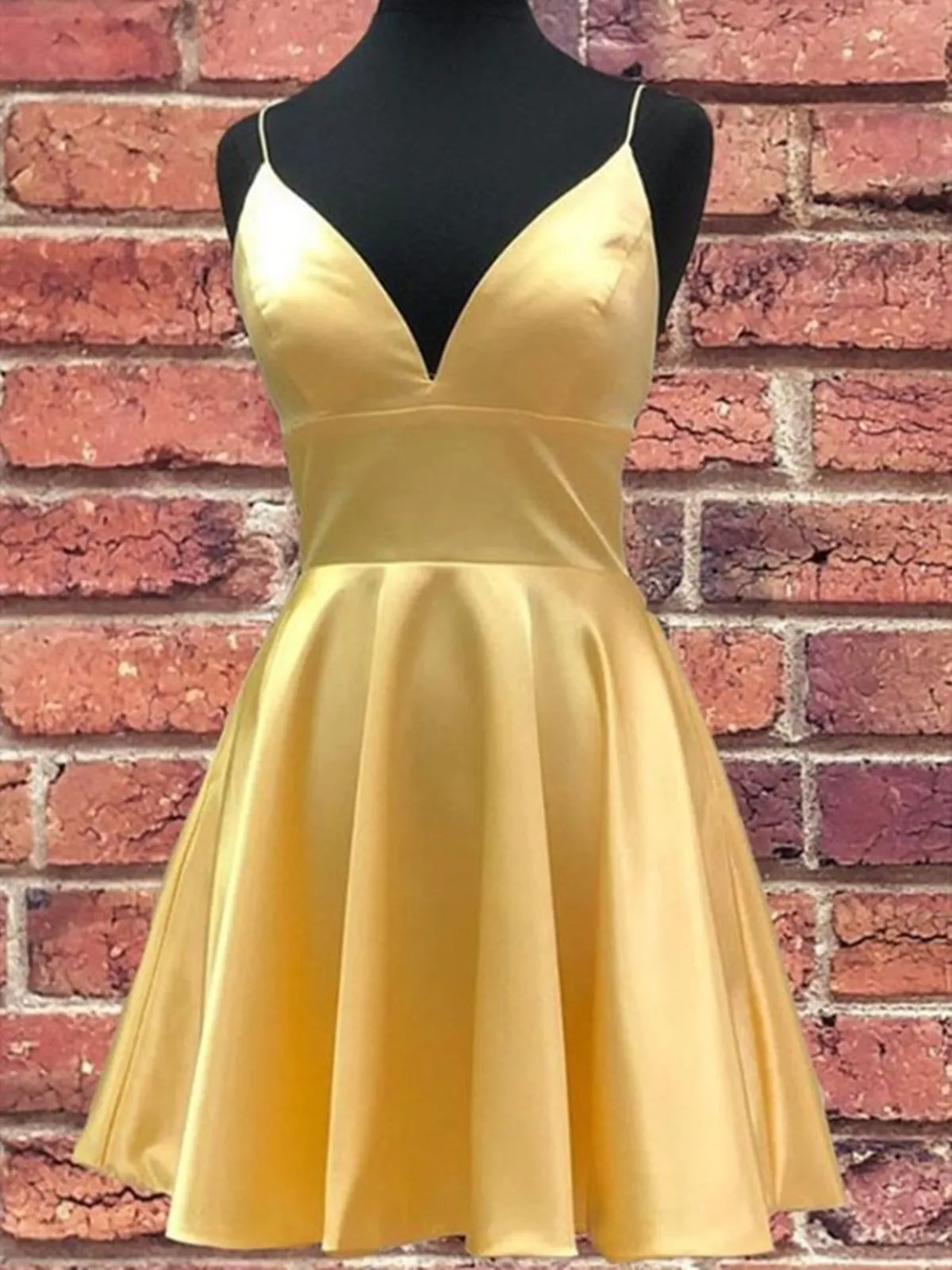 A Line V Neck Short Yellow Prom Dresses, Short V Neck Yellow Formal Homecoming Dresses