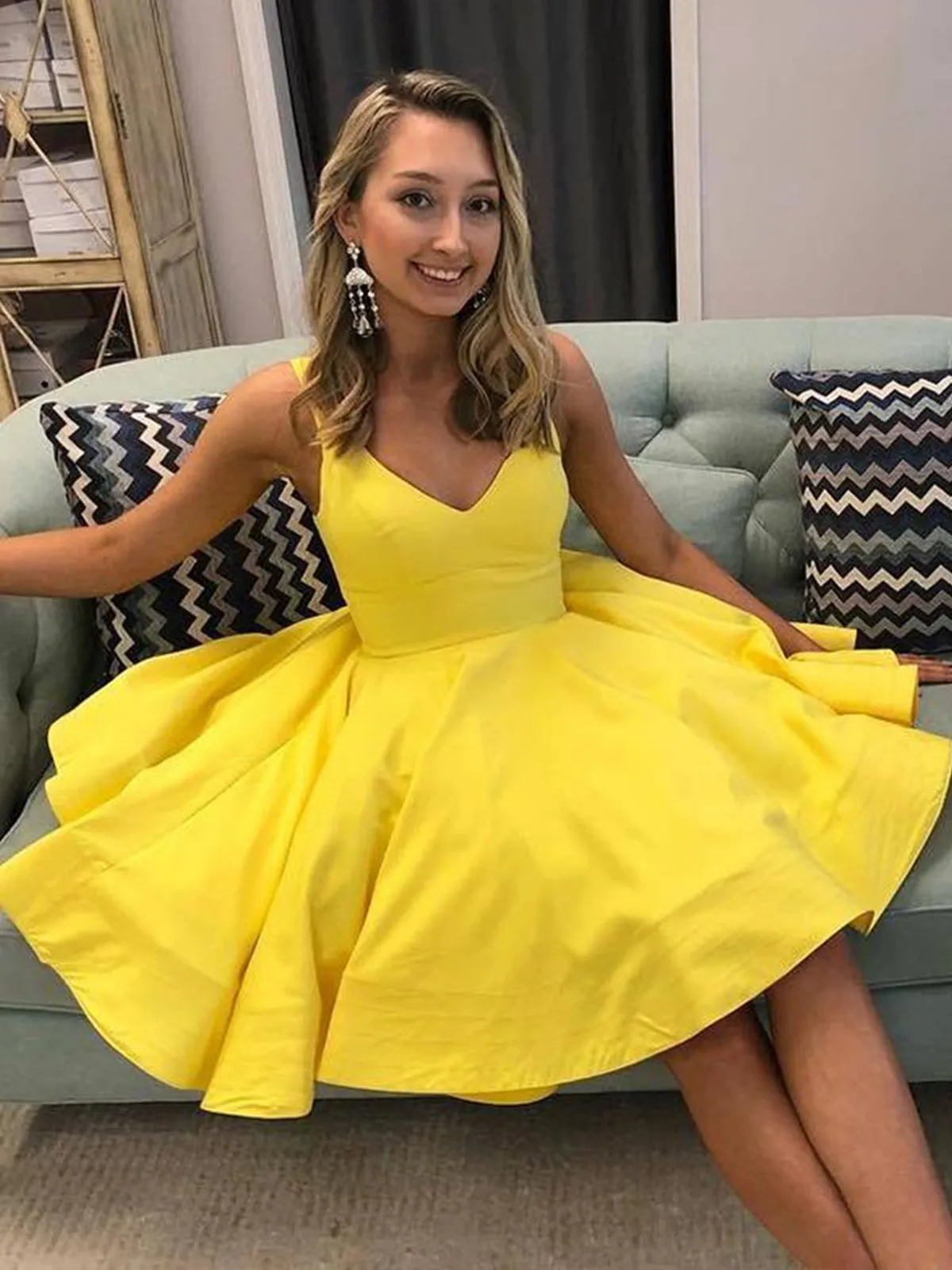 A Line V Neck Short Yellow Prom Dresses, Short Yellow Formal Homecoming Cocktail Dresses