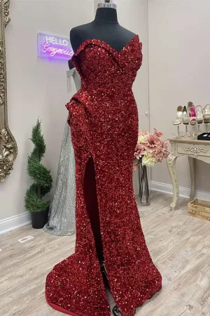 Asymmetrical Burgundy Sequin Strapless Mermaid Long Prom Dress with Slit