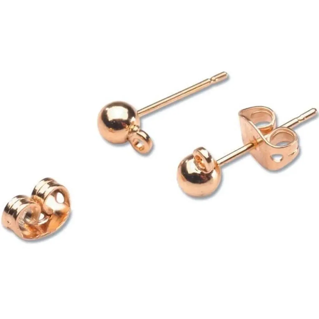 BALL EARRING POSTS W/ LOOP & BUTTERFLY CATCH 4MM GOLD