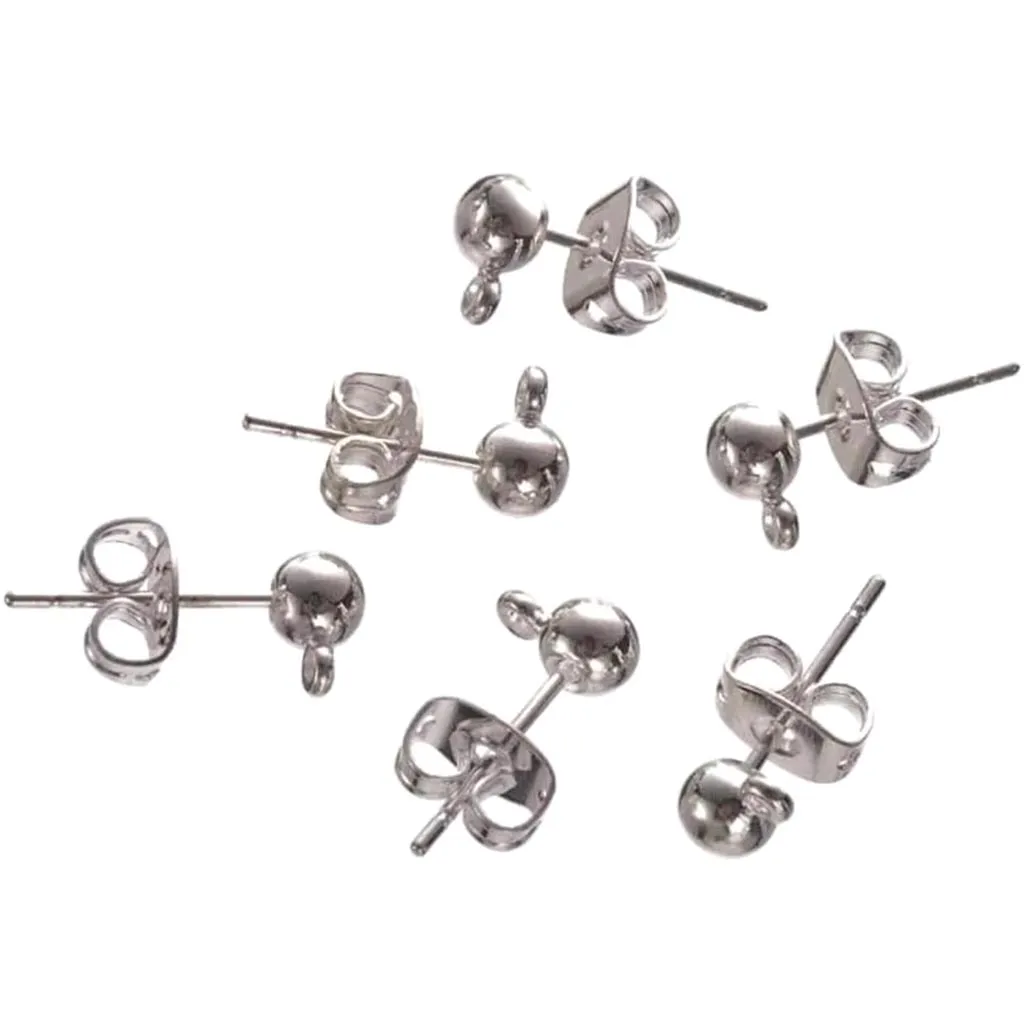 BALL EARRING POSTS W/ LOOP & BUTTERFLY CATCH BR.SILVER 4MM