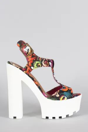 Bamboo Graffiti T-Strap Platform Chunky Heel