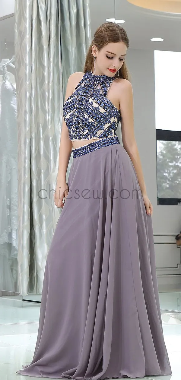 Beaded Two Pieces Sleeveless Round Neck  Elegant Custom Long Prom Dresses LMX1131