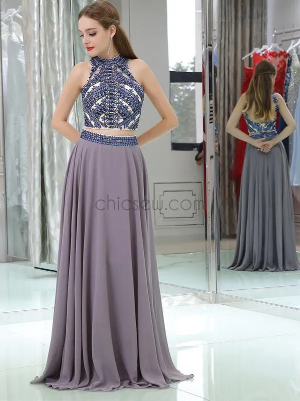 Beaded Two Pieces Sleeveless Round Neck  Elegant Custom Long Prom Dresses LMX1131