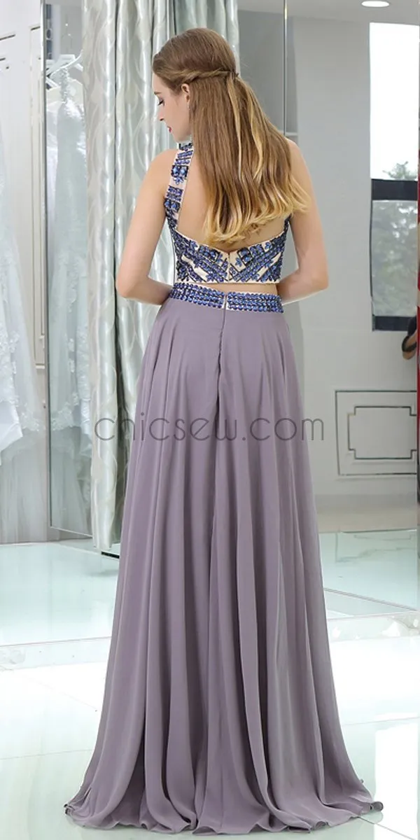 Beaded Two Pieces Sleeveless Round Neck  Elegant Custom Long Prom Dresses LMX1131