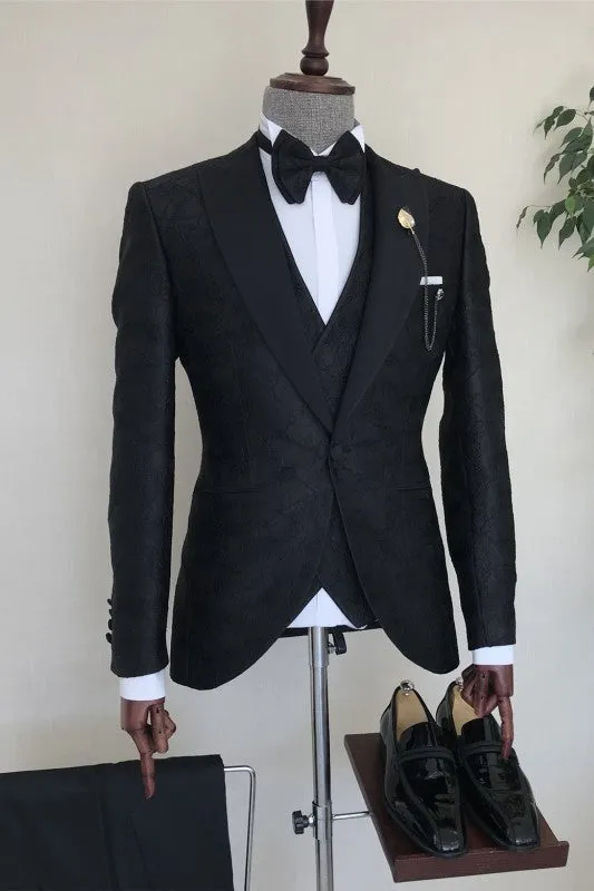 Black Jacquard Peaked Lapel Three Pieces Prom Suits Wedding Groom Dinner Party Tuxedo