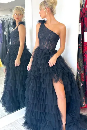 Black Lace One Shoulder Multi-Tiered A-line Ball Gown with Ruffles Prom Dress #QWE008