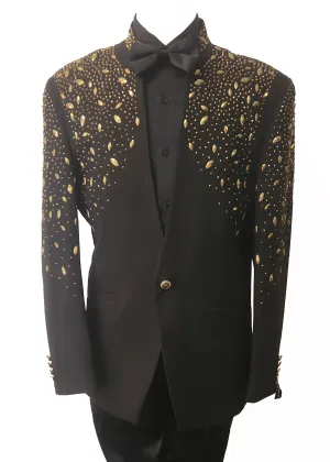 Black Mandarin Collar Jacket with Gold Rhinestone Embellishments - Size 46