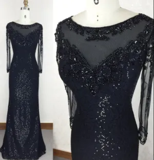 Black Sequins Tight Evening Dress Prom Dress with Sleeves ,21121317