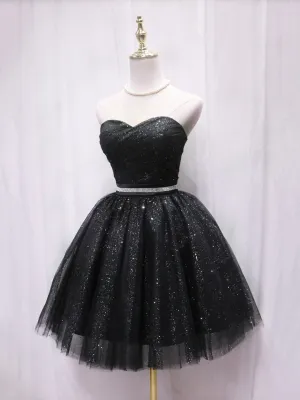 Black Strapless Tulle Knee Length Prom Dress Black A-Line Sweetheart Party Dress