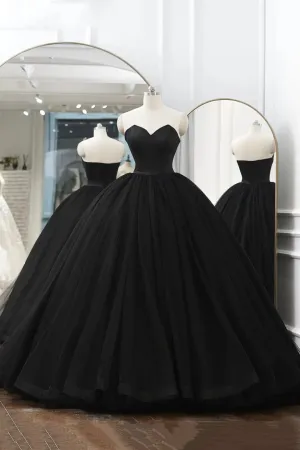 Black Tulle Long A-Line Prom Dresses Black Strapless Long Evening Dresses