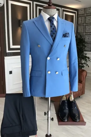 Blue Double Breasted Two Pieces Prom Suits with Peaked Lapel