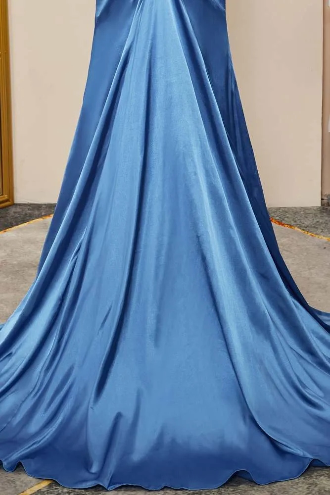 Blue Pleated Strapless Mermaid Satin Long Prom Dress with Slit