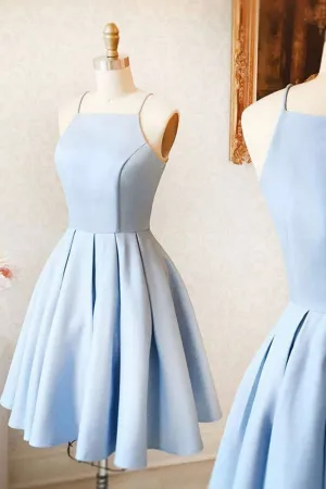 Blue Satin Short Prom Dresses A-Line Evening Dresses