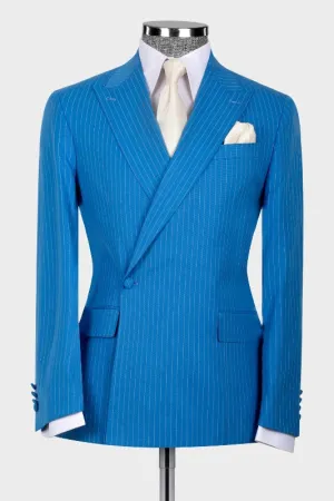 Blue Striped Peaked Lapel Custom Prom Suits Two Piece Wedding Suits