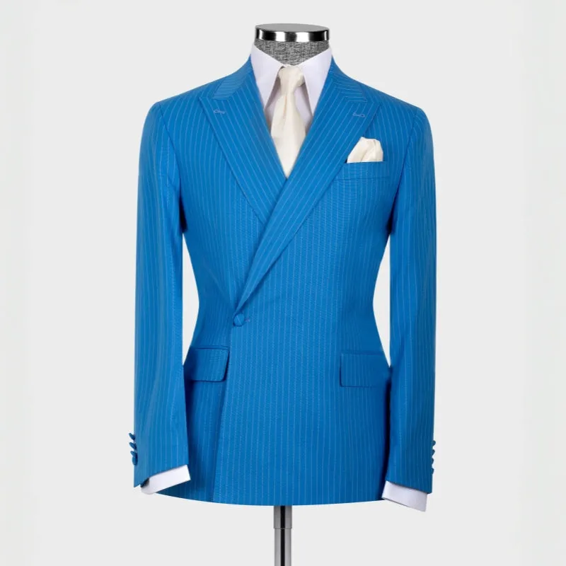 Blue Striped Peaked Lapel Custom Prom Suits Two Piece Wedding Suits