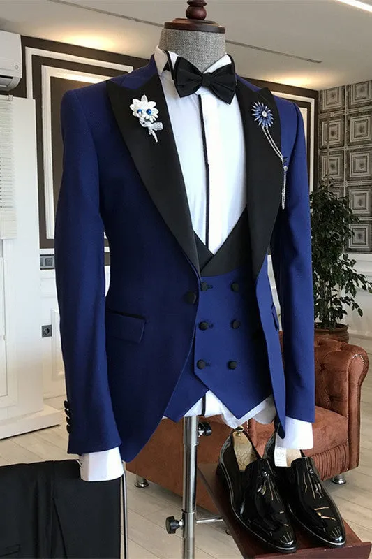 Blue Three Pieces Prom Suits Men Black Peaked Lapel Slim Fit Groomen Suits