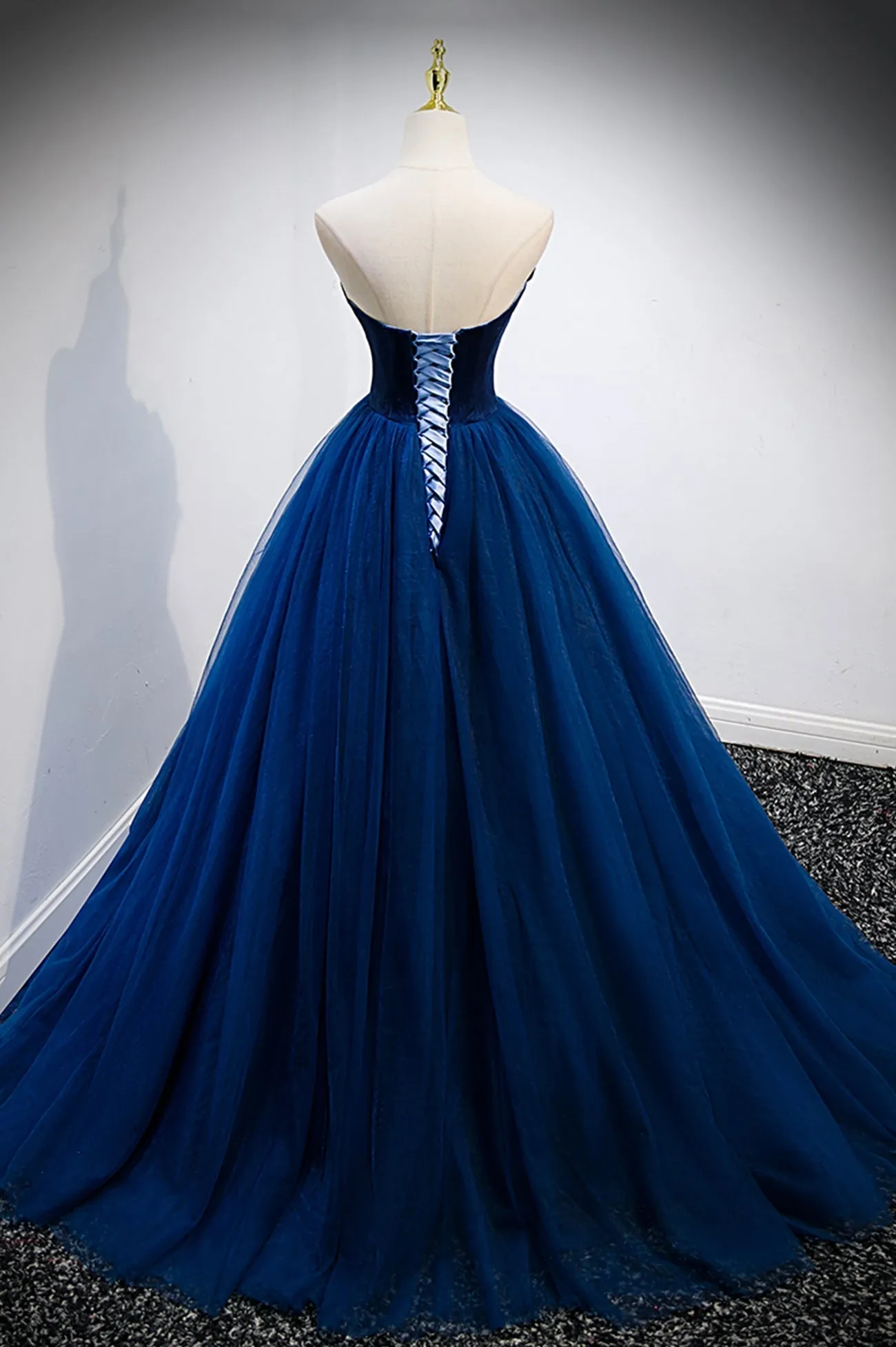 Blue Velvet Tulle Long Prom Dresses A-Line Strapless Evening Dresses