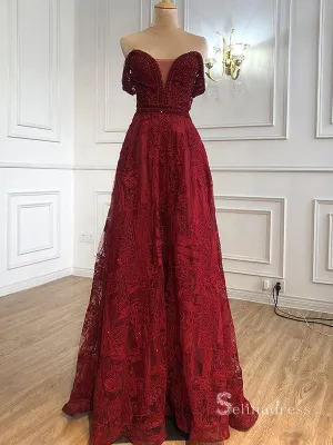 Burgundy A-line Long Prom Dresses Lace Evening Gowns Formal Dress SC019