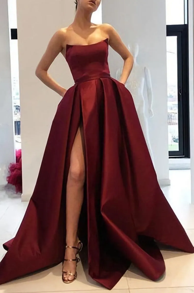 Burgundy Strapless A Line Long Satin With Split Prom Dresses