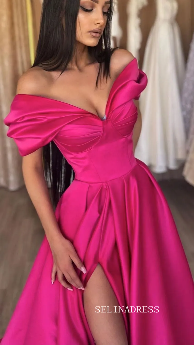 Chic A-line Off-the-shoulder Satin Long Prom Dress Thigh Split Elegant Party Dress #JKSS44