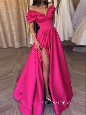 Chic A-line Off-the-shoulder Satin Long Prom Dress Thigh Split Elegant Party Dress #JKSS44